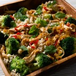 Warm broccoli and chicken Asian rice salad
