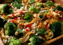 Warm broccoli and chicken Asian rice salad